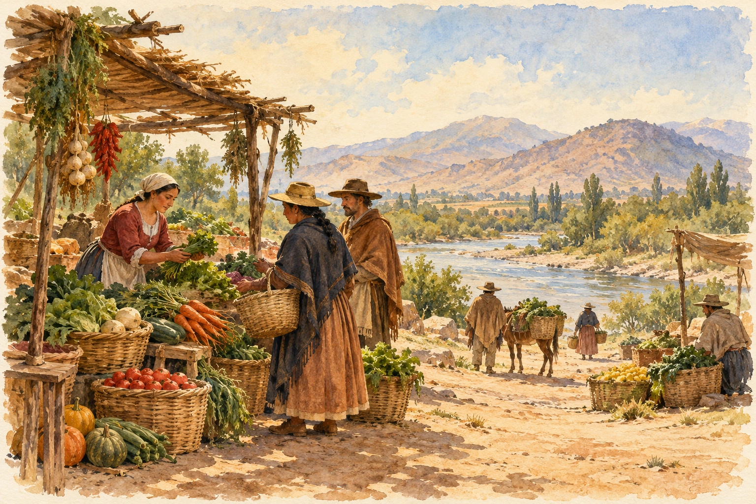 Acuarela alegórica de comercio de productos del campo junto al río
