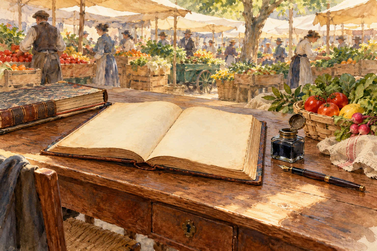 Acuarela simbólica de un volumen de estatutos, un libro de cuentas y objetos de escritorio