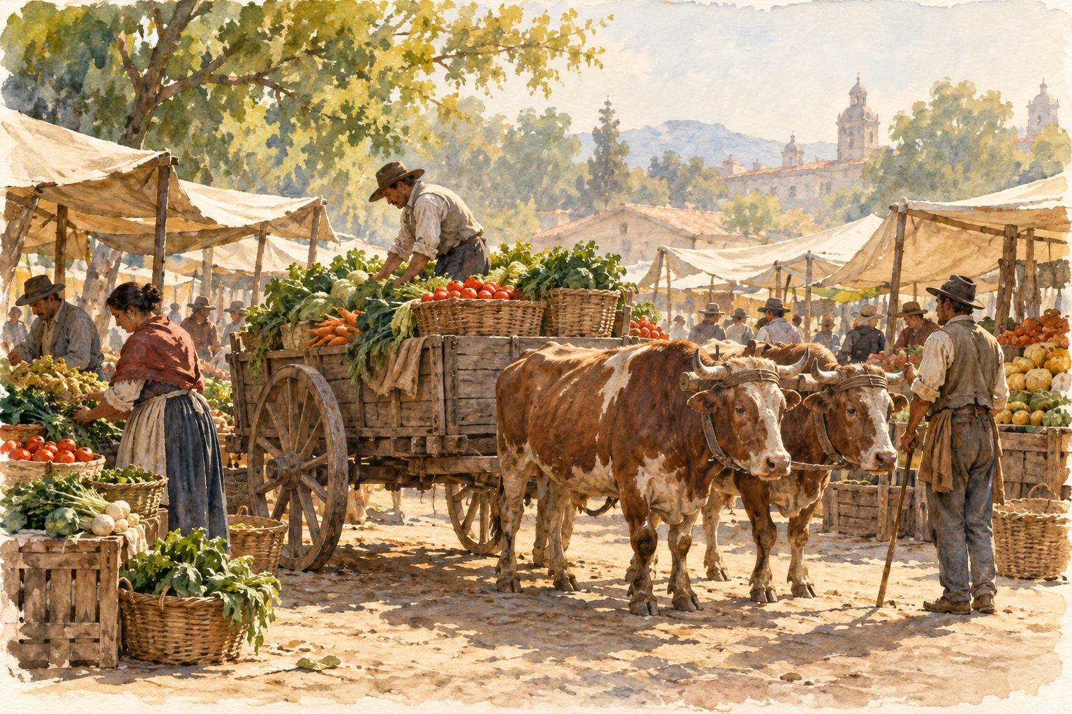 Acuarela evocativa de carretas y productos agrícolas en un mercado