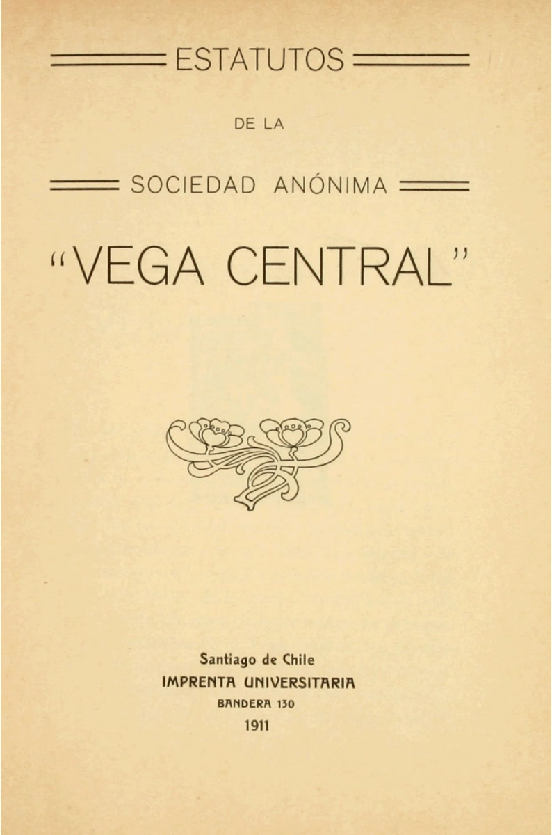 Portada digitalizada de los Estatutos de la Sociedad Anónima Vega Central