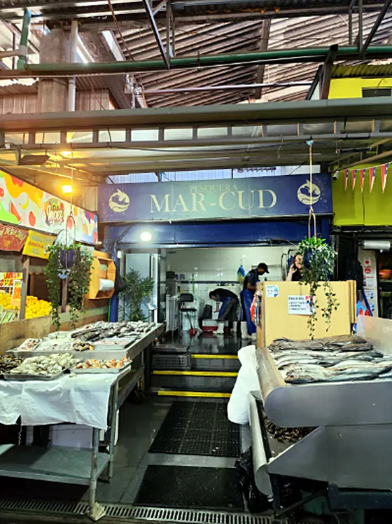 Pescadería con pescados frescos sobre mesones de acero con hielo