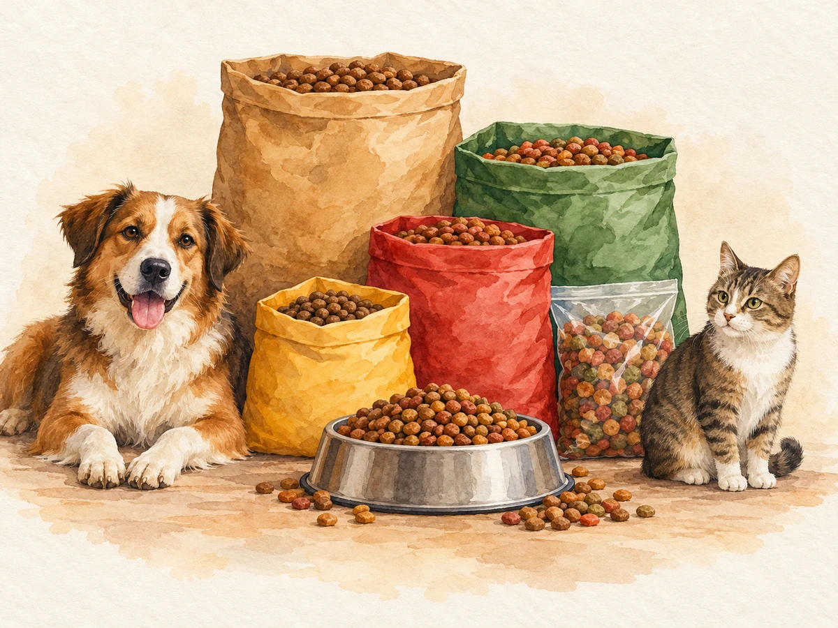 Acuarela: Sacos y bolsas de alimento sin marcas, recipiente con pellets, un perro y un gato.