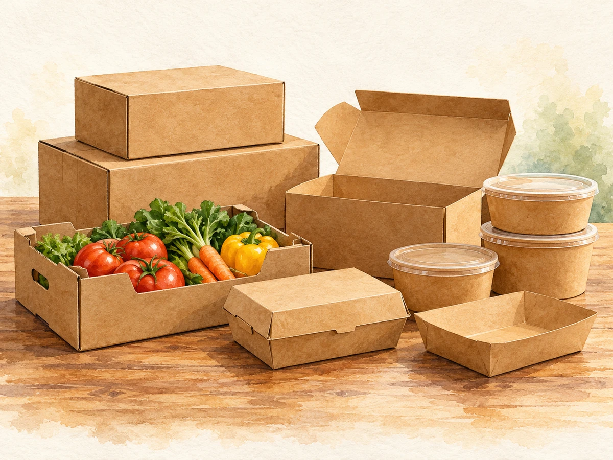 Acuarela: Cajas kraft, bandejas y recipientes de cartón de distintos tamaños.