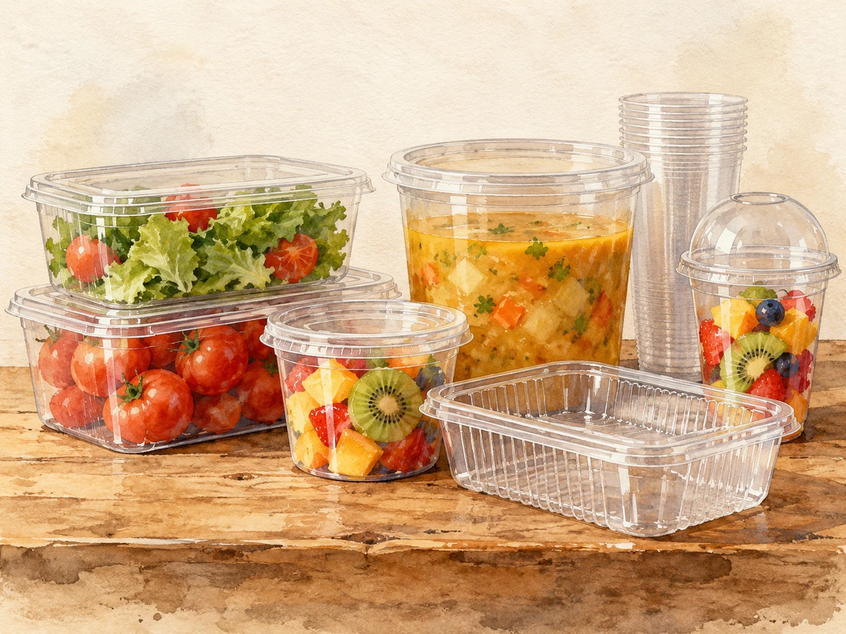 Acuarela: Potes transparentes, recipientes con tapa, vasos y bandejas ordenados.